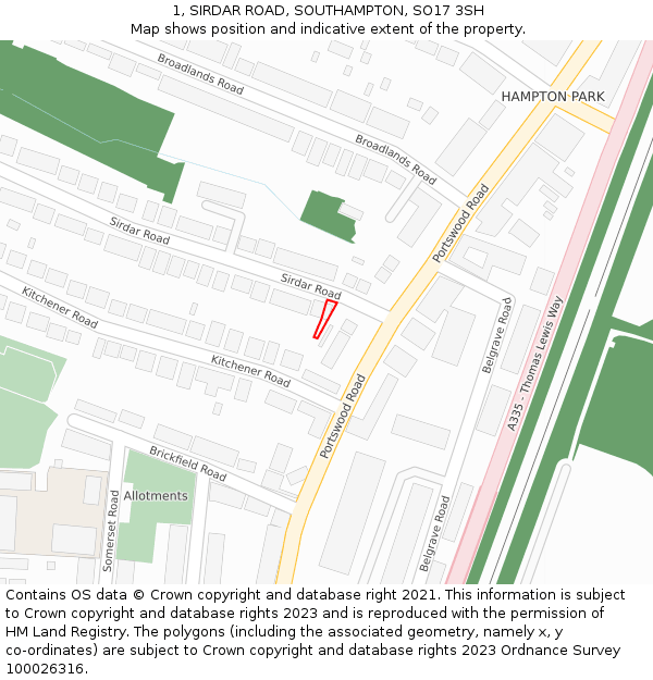 1, SIRDAR ROAD, SOUTHAMPTON, SO17 3SH: Location map and indicative extent of plot