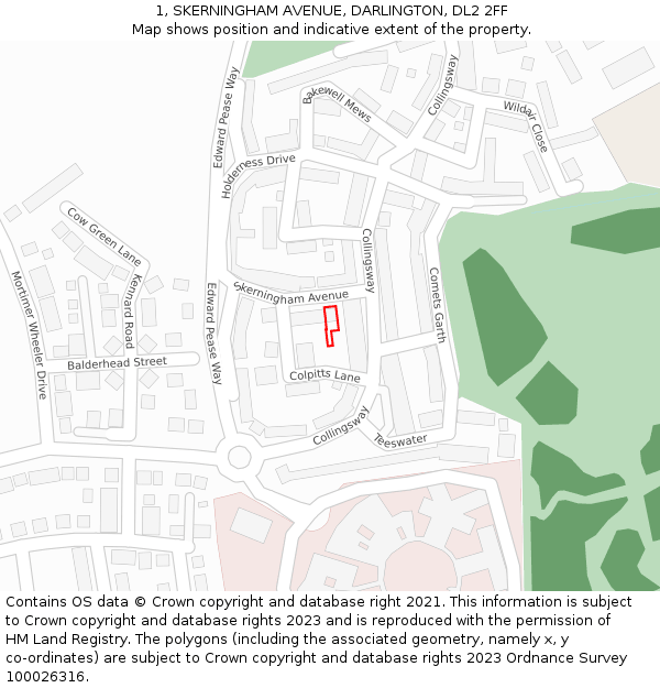 1, SKERNINGHAM AVENUE, DARLINGTON, DL2 2FF: Location map and indicative extent of plot