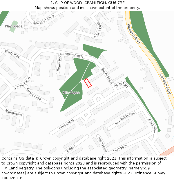 1, SLIP OF WOOD, CRANLEIGH, GU6 7BE: Location map and indicative extent of plot