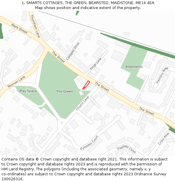 1, SMARTS COTTAGES, THE GREEN, BEARSTED, MAIDSTONE, ME14 4EA: Location map and indicative extent of plot