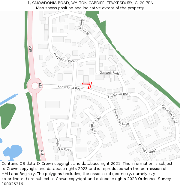 1, SNOWDONIA ROAD, WALTON CARDIFF, TEWKESBURY, GL20 7RN: Location map and indicative extent of plot