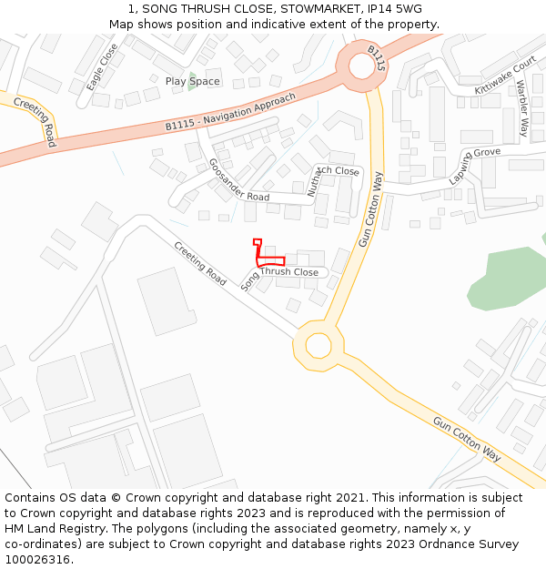 1, SONG THRUSH CLOSE, STOWMARKET, IP14 5WG: Location map and indicative extent of plot