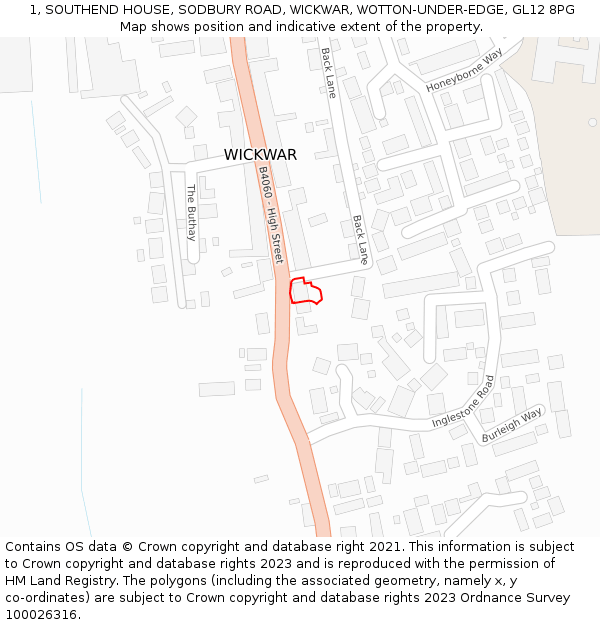 1, SOUTHEND HOUSE, SODBURY ROAD, WICKWAR, WOTTON-UNDER-EDGE, GL12 8PG: Location map and indicative extent of plot