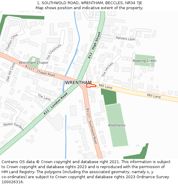 1, SOUTHWOLD ROAD, WRENTHAM, BECCLES, NR34 7JE: Location map and indicative extent of plot