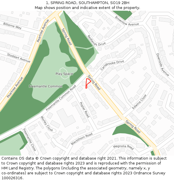 1, SPRING ROAD, SOUTHAMPTON, SO19 2BH: Location map and indicative extent of plot