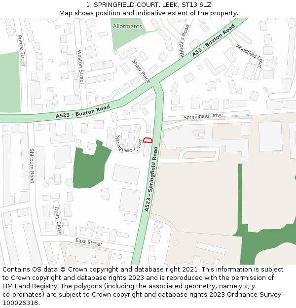 1, SPRINGFIELD COURT, LEEK, ST13 6LZ: Location map and indicative extent of plot