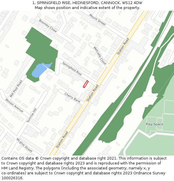 1, SPRINGFIELD RISE, HEDNESFORD, CANNOCK, WS12 4DW: Location map and indicative extent of plot