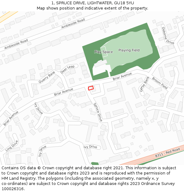 1, SPRUCE DRIVE, LIGHTWATER, GU18 5YU: Location map and indicative extent of plot