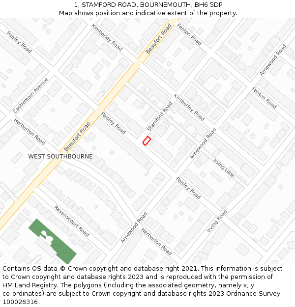1, STAMFORD ROAD, BOURNEMOUTH, BH6 5DP: Location map and indicative extent of plot