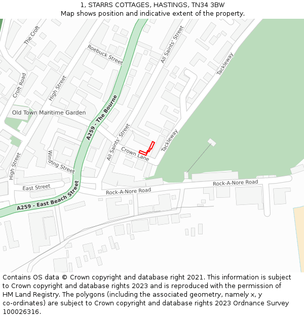 1, STARRS COTTAGES, HASTINGS, TN34 3BW: Location map and indicative extent of plot