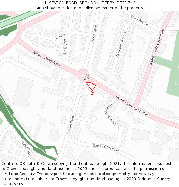 1, STATION ROAD, SPONDON, DERBY, DE21 7NE: Location map and indicative extent of plot