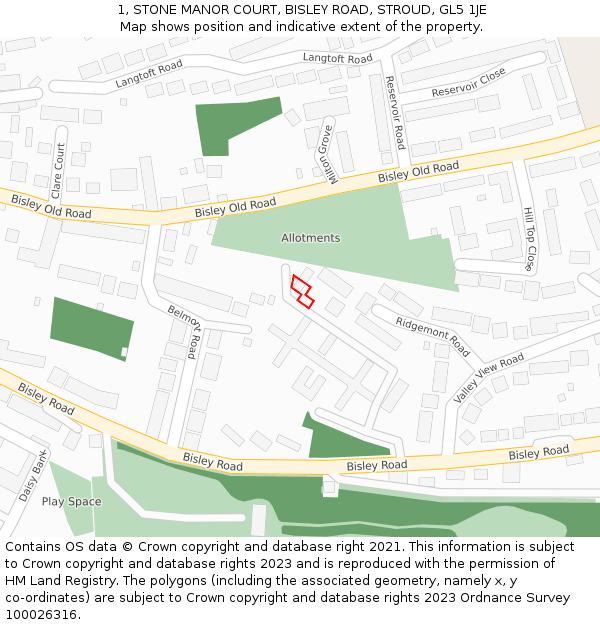 1, STONE MANOR COURT, BISLEY ROAD, STROUD, GL5 1JE: Location map and indicative extent of plot