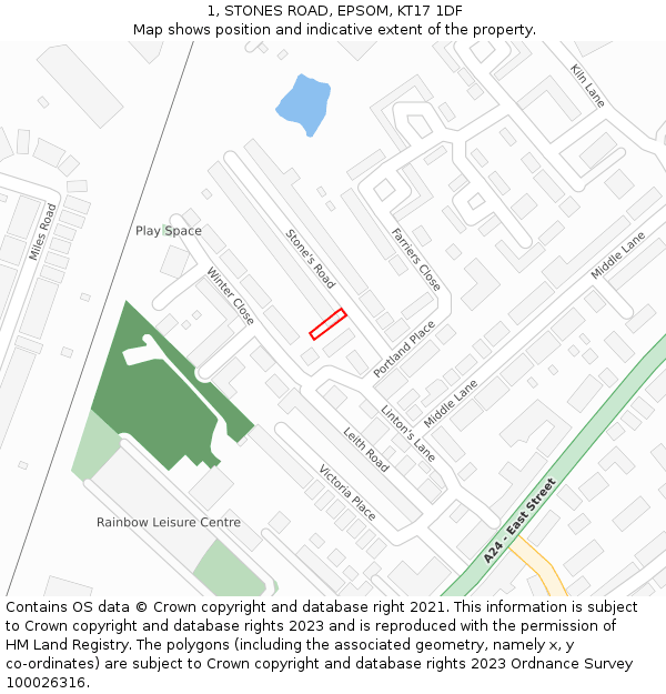 1, STONES ROAD, EPSOM, KT17 1DF: Location map and indicative extent of plot