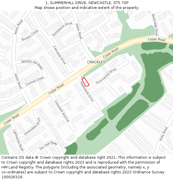 1, SUMMERHILL DRIVE, NEWCASTLE, ST5 7SP: Location map and indicative extent of plot