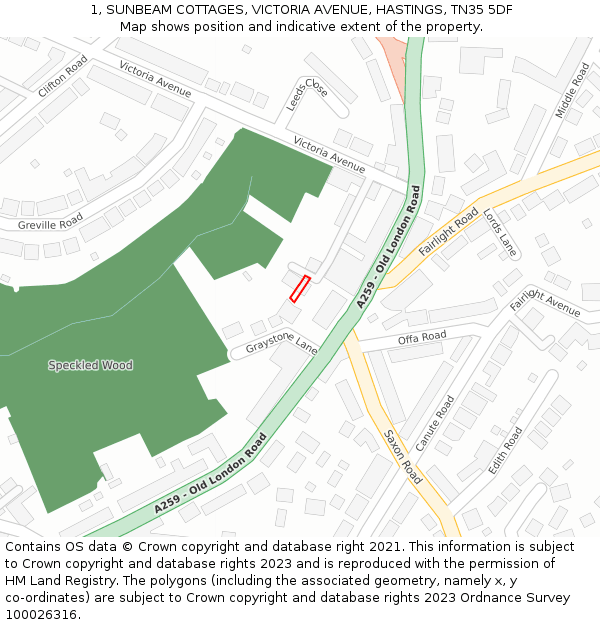 1, SUNBEAM COTTAGES, VICTORIA AVENUE, HASTINGS, TN35 5DF: Location map and indicative extent of plot