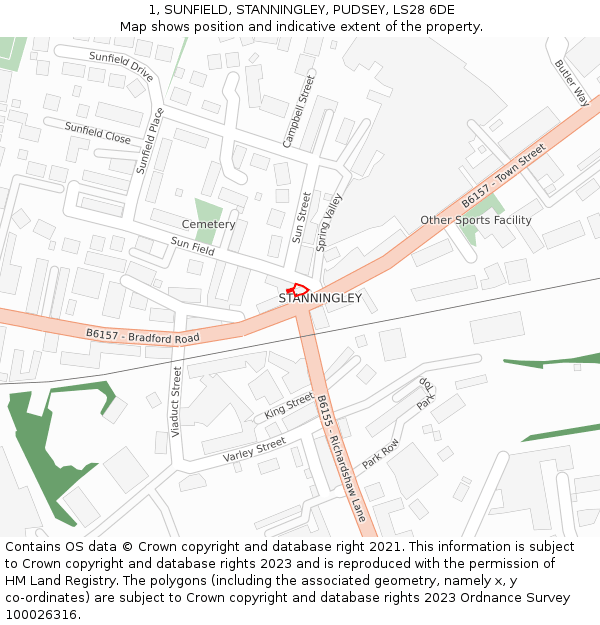 1, SUNFIELD, STANNINGLEY, PUDSEY, LS28 6DE: Location map and indicative extent of plot