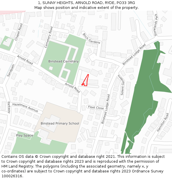1, SUNNY HEIGHTS, ARNOLD ROAD, RYDE, PO33 3RG: Location map and indicative extent of plot