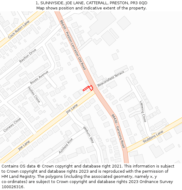 1, SUNNYSIDE, JOE LANE, CATTERALL, PRESTON, PR3 0QD: Location map and indicative extent of plot