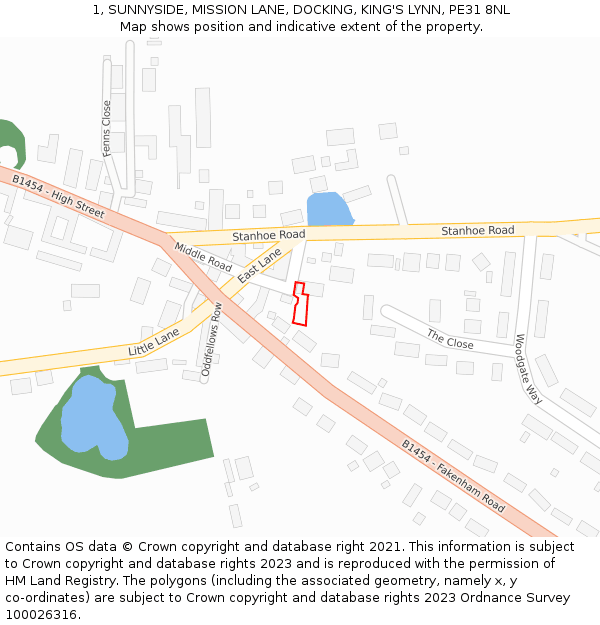 1, SUNNYSIDE, MISSION LANE, DOCKING, KING'S LYNN, PE31 8NL: Location map and indicative extent of plot