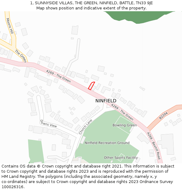1, SUNNYSIDE VILLAS, THE GREEN, NINFIELD, BATTLE, TN33 9JE: Location map and indicative extent of plot