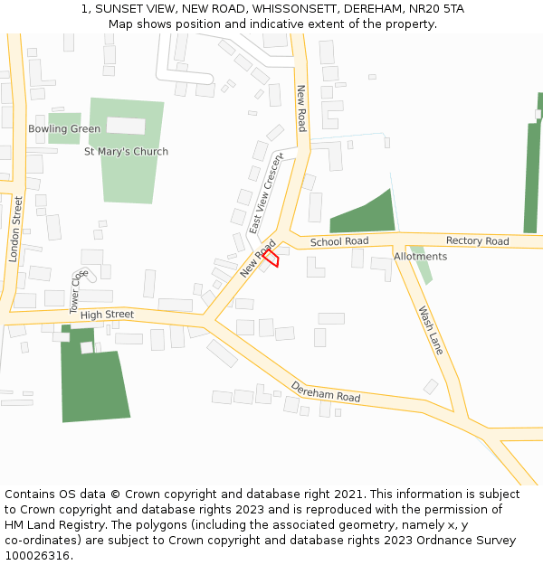 1, SUNSET VIEW, NEW ROAD, WHISSONSETT, DEREHAM, NR20 5TA: Location map and indicative extent of plot