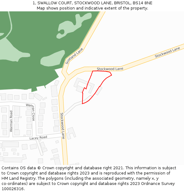 1, SWALLOW COURT, STOCKWOOD LANE, BRISTOL, BS14 8NE: Location map and indicative extent of plot