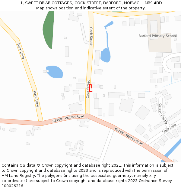 1, SWEET BRIAR COTTAGES, COCK STREET, BARFORD, NORWICH, NR9 4BD: Location map and indicative extent of plot
