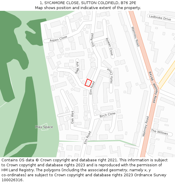 1, SYCAMORE CLOSE, SUTTON COLDFIELD, B76 2PE: Location map and indicative extent of plot
