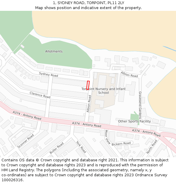 1, SYDNEY ROAD, TORPOINT, PL11 2LY: Location map and indicative extent of plot