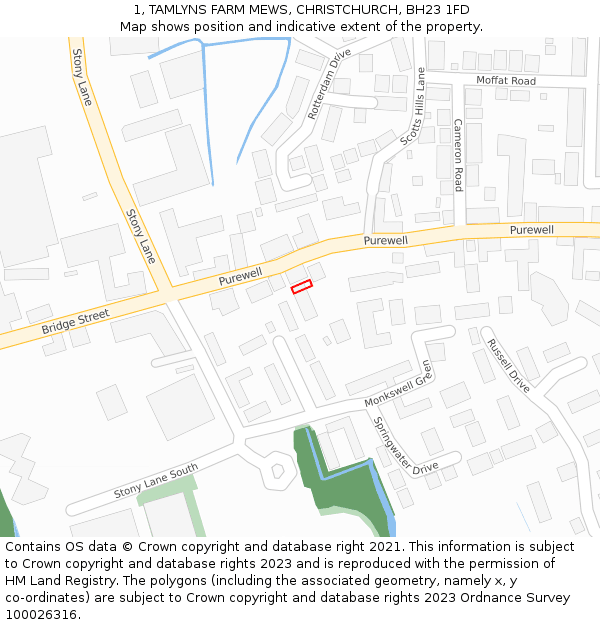 1, TAMLYNS FARM MEWS, CHRISTCHURCH, BH23 1FD: Location map and indicative extent of plot