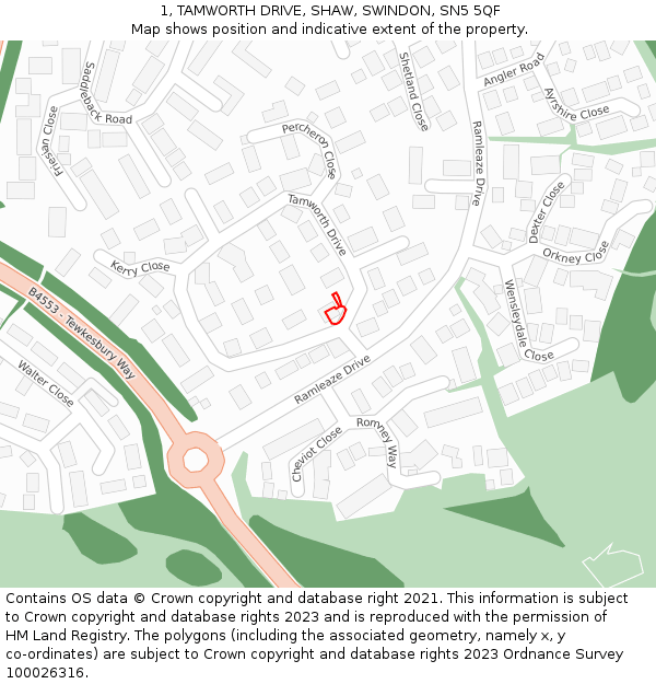 1, TAMWORTH DRIVE, SHAW, SWINDON, SN5 5QF: Location map and indicative extent of plot