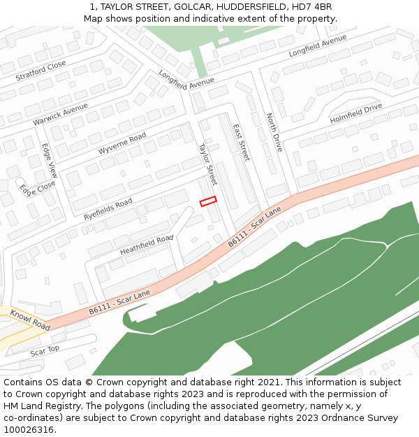 1, TAYLOR STREET, GOLCAR, HUDDERSFIELD, HD7 4BR: Location map and indicative extent of plot