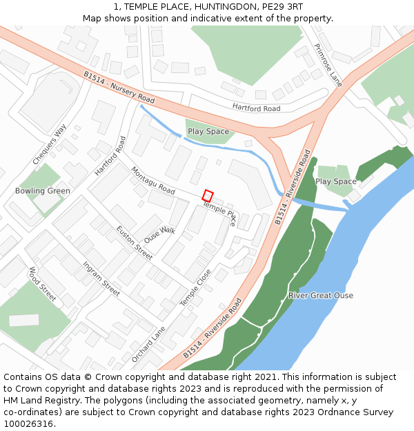 1, TEMPLE PLACE, HUNTINGDON, PE29 3RT: Location map and indicative extent of plot