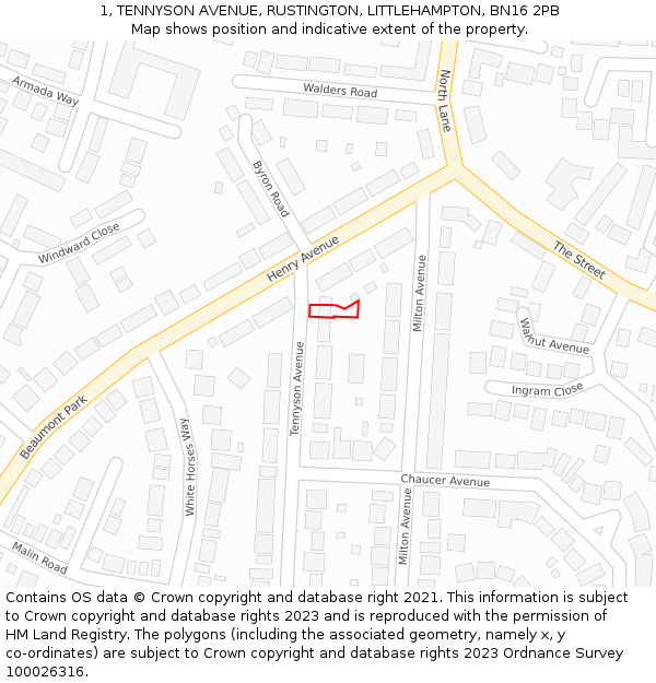 1, TENNYSON AVENUE, RUSTINGTON, LITTLEHAMPTON, BN16 2PB: Location map and indicative extent of plot