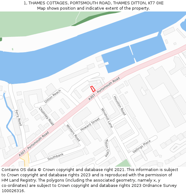 1, THAMES COTTAGES, PORTSMOUTH ROAD, THAMES DITTON, KT7 0XE: Location map and indicative extent of plot
