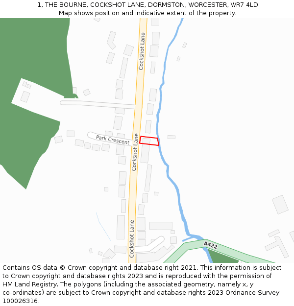 1, THE BOURNE, COCKSHOT LANE, DORMSTON, WORCESTER, WR7 4LD: Location map and indicative extent of plot