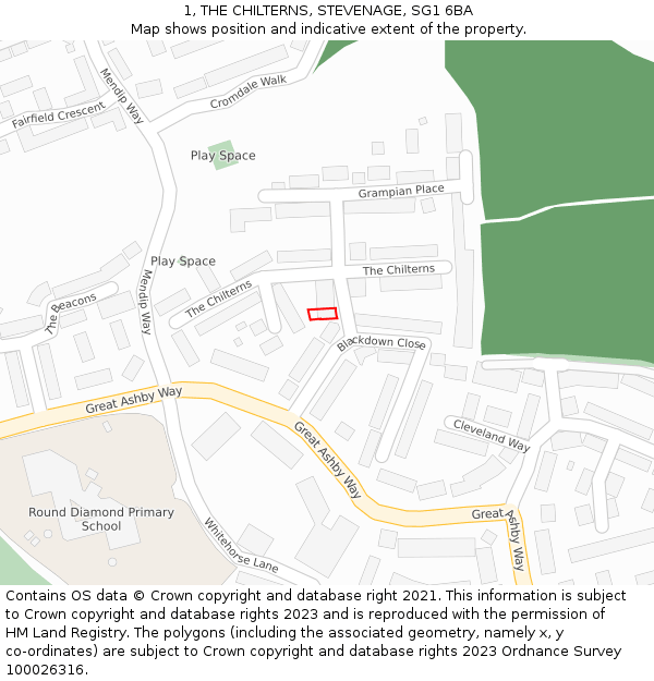 1, THE CHILTERNS, STEVENAGE, SG1 6BA: Location map and indicative extent of plot