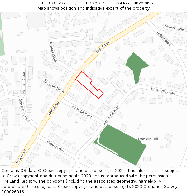 1, THE COTTAGE, 13, HOLT ROAD, SHERINGHAM, NR26 8NA: Location map and indicative extent of plot