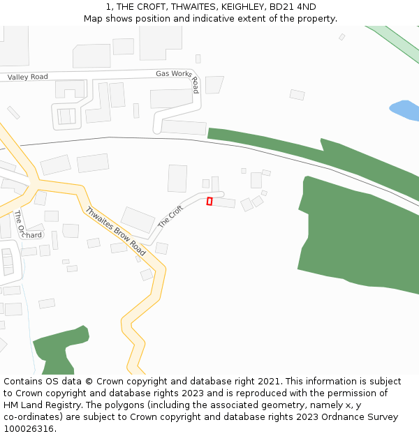1, THE CROFT, THWAITES, KEIGHLEY, BD21 4ND: Location map and indicative extent of plot