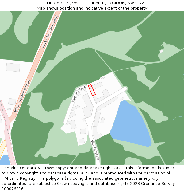 1, THE GABLES, VALE OF HEALTH, LONDON, NW3 1AY: Location map and indicative extent of plot