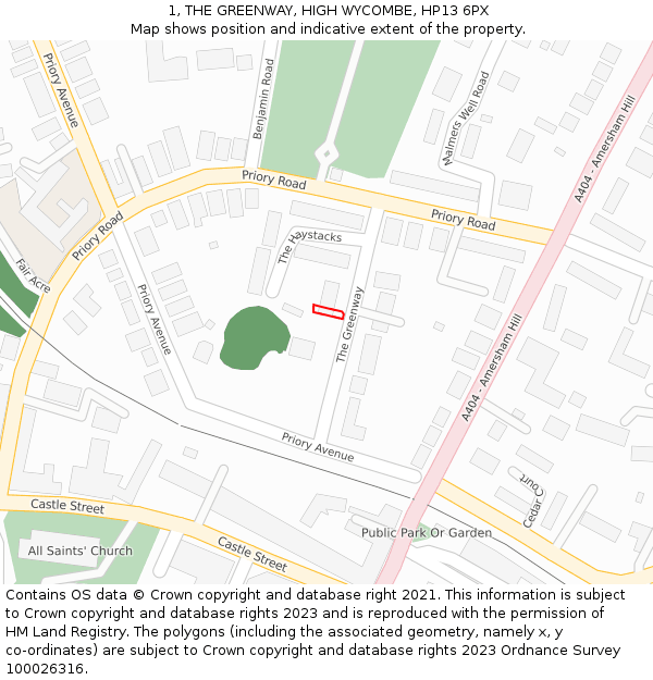 1, THE GREENWAY, HIGH WYCOMBE, HP13 6PX: Location map and indicative extent of plot