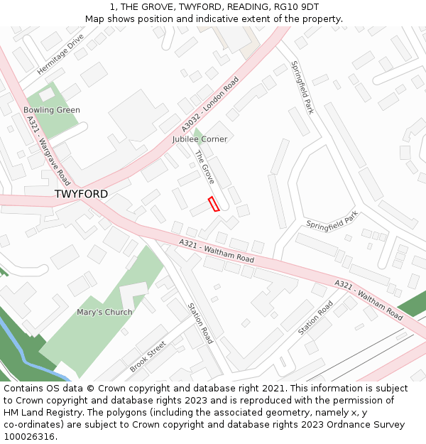 1, THE GROVE, TWYFORD, READING, RG10 9DT: Location map and indicative extent of plot