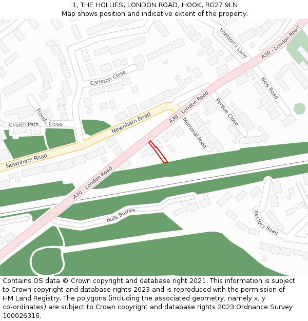 1, THE HOLLIES, LONDON ROAD, HOOK, RG27 9LN: Location map and indicative extent of plot