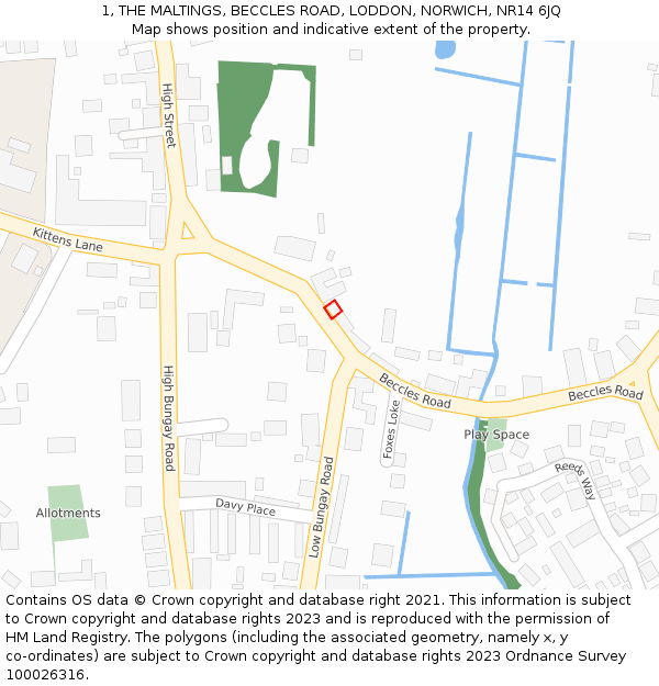 1, THE MALTINGS, BECCLES ROAD, LODDON, NORWICH, NR14 6JQ: Location map and indicative extent of plot