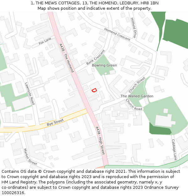 1, THE MEWS COTTAGES, 13, THE HOMEND, LEDBURY, HR8 1BN: Location map and indicative extent of plot