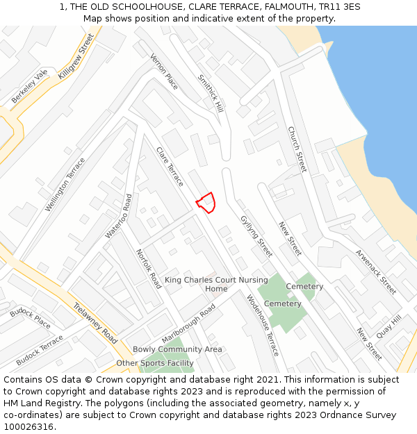 1, THE OLD SCHOOLHOUSE, CLARE TERRACE, FALMOUTH, TR11 3ES: Location map and indicative extent of plot