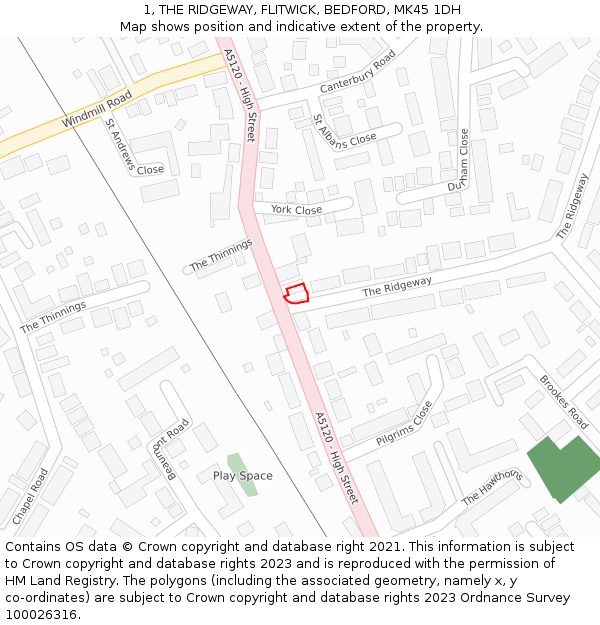 1, THE RIDGEWAY, FLITWICK, BEDFORD, MK45 1DH: Location map and indicative extent of plot