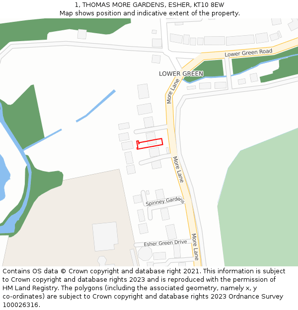1, THOMAS MORE GARDENS, ESHER, KT10 8EW: Location map and indicative extent of plot