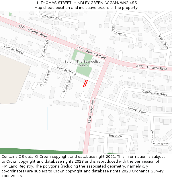 1, THOMAS STREET, HINDLEY GREEN, WIGAN, WN2 4SS: Location map and indicative extent of plot