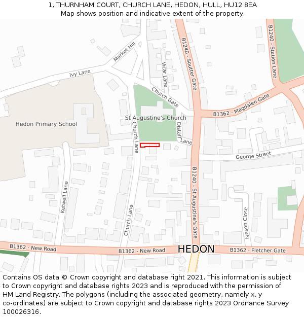1, THURNHAM COURT, CHURCH LANE, HEDON, HULL, HU12 8EA: Location map and indicative extent of plot